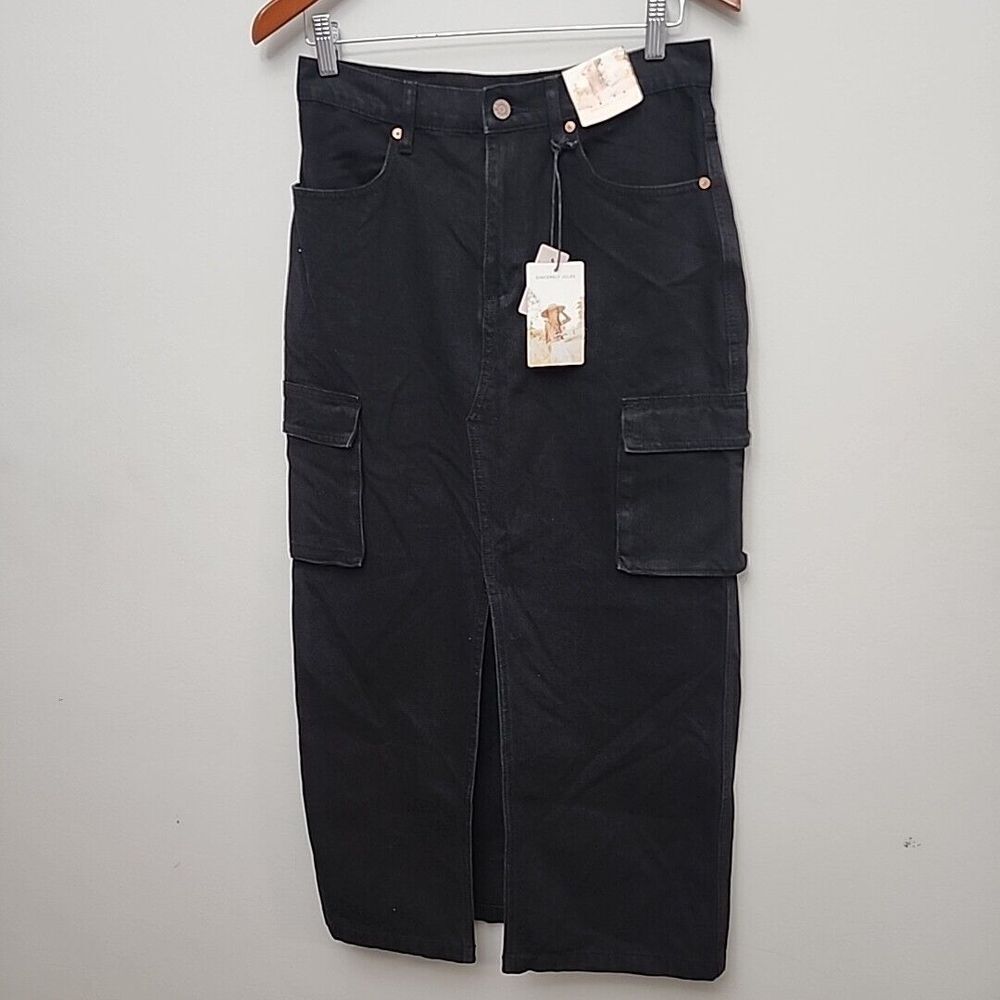 Sincerely Jules Cargo Denim Midi Skirt Womens 9/28 Black Utility High Rise Slit